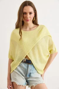 Olalook Women's Yellow Wrap Front Mercerized Knitwear Blouse - Image 2