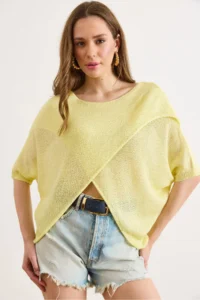 Olalook Women's Yellow Wrap Front Mercerized Knitwear Blouse - Image 3