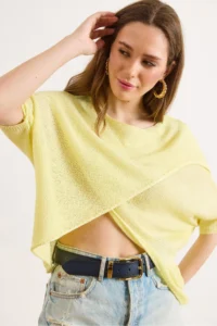 Olalook Women's Yellow Wrap Front Mercerized Knitwear Blouse - Image 4