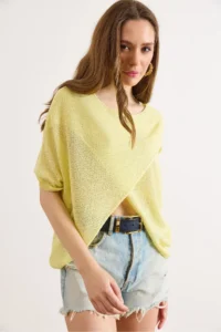 Olalook Women's Yellow Wrap Front Mercerized Knitwear Blouse - Image 5