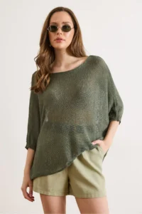 Olalook Women's Khaki Boat Neck Bat Mercerized Knitwear Blouse - Image 2