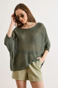Olalook Women's Khaki Boat Neck Bat Mercerized Knitwear Blouse - Image 3