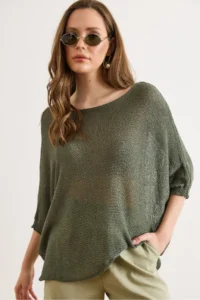 Olalook Women's Khaki Boat Neck Bat Mercerized Knitwear Blouse - Image 4