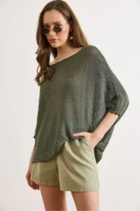 Olalook Women's Khaki Boat Neck Bat Mercerized Knitwear Blouse - Image 5