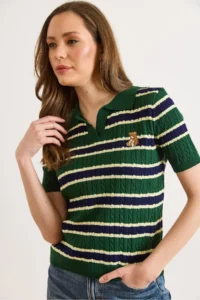 Olalook Women's Emerald Green Polo Neck Teddy Bear Embroidered Seasonal Knitwear Blouse - Image 4