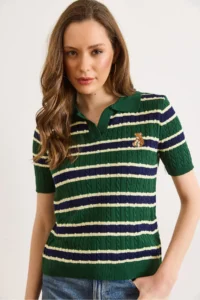 Olalook Women's Emerald Green Polo Neck Teddy Bear Embroidered Seasonal Knitwear Blouse - Image 5