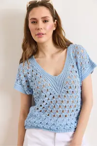 Olalook Women's Baby Blue V-neck Openwork Cotton Knitwear Blouse