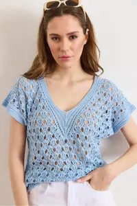 Olalook Women's Baby Blue V-neck Openwork Cotton Knitwear Blouse - Image 2