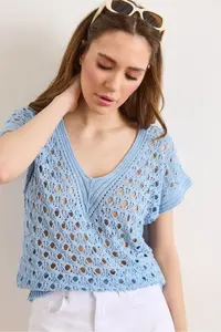 Olalook Women's Baby Blue V-neck Openwork Cotton Knitwear Blouse - Image 3