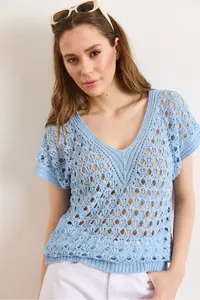 Olalook Women's Baby Blue V-neck Openwork Cotton Knitwear Blouse - Image 4