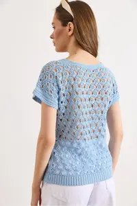Olalook Women's Baby Blue V-neck Openwork Cotton Knitwear Blouse - Image 5