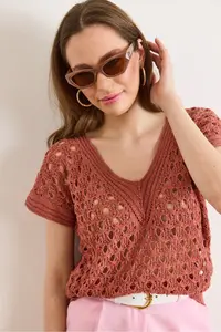 Olalook Women's Dusty Rose V-Neck Openwork Cotton Knitwear Blouse