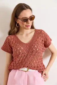 Olalook Women's Dusty Rose V-Neck Openwork Cotton Knitwear Blouse - Image 2