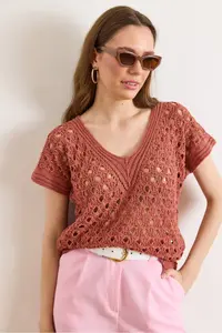 Olalook Women's Dusty Rose V-Neck Openwork Cotton Knitwear Blouse - Image 3