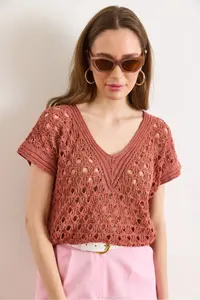 Olalook Women's Dusty Rose V-Neck Openwork Cotton Knitwear Blouse - Image 4