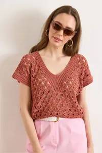 Olalook Women's Dusty Rose V-Neck Openwork Cotton Knitwear Blouse - Image 5