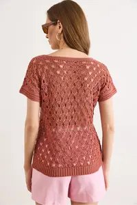 Olalook Women's Dusty Rose V-Neck Openwork Cotton Knitwear Blouse - Image 6
