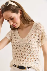 Olalook Women's Stone V-Neck Openwork Cotton Knitwear Blouse
