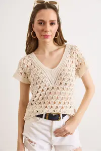 Olalook Women's Stone V-Neck Openwork Cotton Knitwear Blouse - Image 2