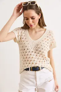 Olalook Women's Stone V-Neck Openwork Cotton Knitwear Blouse - Image 3