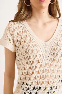 Olalook Women's Stone V-Neck Openwork Cotton Knitwear Blouse - Image 4