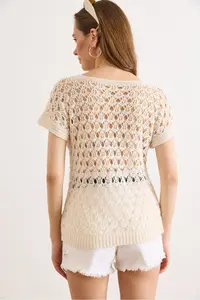 Olalook Women's Stone V-Neck Openwork Cotton Knitwear Blouse - Image 5