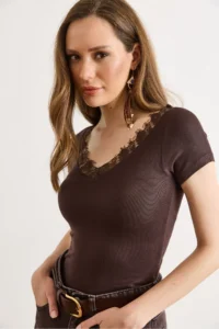 Olalook Women's Brown Collar Lace Stretchy Viscose Ribbed Blouse - Image 3