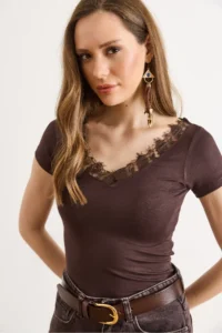 Olalook Women's Brown Collar Lace Stretchy Viscose Ribbed Blouse - Image 5