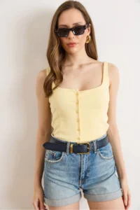 Olalook Women's Yellow Strap Buttoned Soild Cotton Blouse - Image 2