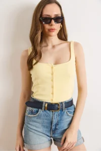 Olalook Women's Yellow Strap Buttoned Soild Cotton Blouse - Image 3