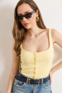 Olalook Women's Yellow Strap Buttoned Soild Cotton Blouse - Image 4