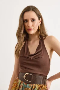 Olalook Women's Brown Halter Neck Collar Polyamide Blouse - Image 4