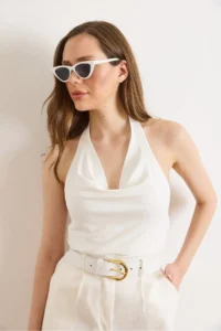 Olalook Women's White Halter Neck Collar Polyamide Blouse - Image 3