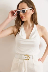 Olalook Women's White Halter Neck Collar Polyamide Blouse - Image 4