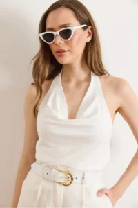 Olalook Women's White Halter Neck Collar Polyamide Blouse - Image 5