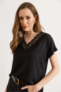 Olalook Women's Black Collar Wide Lace Knitted Viscose Blouse - Image 2