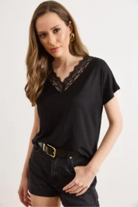 Olalook Women's Black Collar Wide Lace Knitted Viscose Blouse - Image 3
