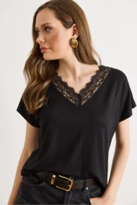 Olalook Women's Black Collar Wide Lace Knitted Viscose Blouse - Image 4