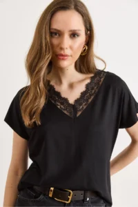 Olalook Women's Black Collar Wide Lace Knitted Viscose Blouse - Image 5