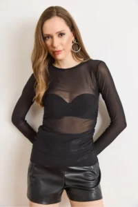 Olalook Women's Black Drape Detailed Stoned Transparent Tulle Blouse - Image 3