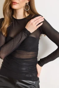 Olalook Women's Black Drape Detailed Stoned Transparent Tulle Blouse - Image 4