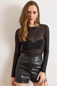 Olalook Women's Black Drape Detailed Stoned Transparent Tulle Blouse - Image 5