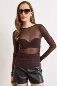 Olalook Women's Brown Drape Detailed Stoned Transparent Tulle Blouse - Image 2