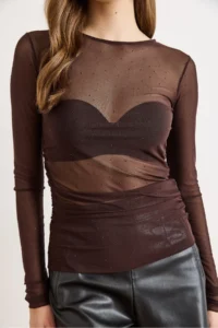 Olalook Women's Brown Drape Detailed Stoned Transparent Tulle Blouse - Image 3