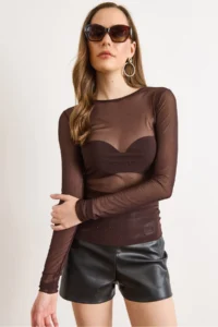 Olalook Women's Brown Drape Detailed Stoned Transparent Tulle Blouse - Image 4