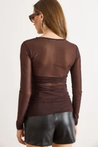 Olalook Women's Brown Drape Detailed Stoned Transparent Tulle Blouse - Image 6