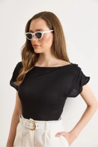 Olalook Women's Black Back Degaje Shoulder Drape Detailed Transparent Blouse - Image 2