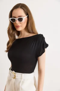 Olalook Women's Black Back Degaje Shoulder Drape Detailed Transparent Blouse - Image 3