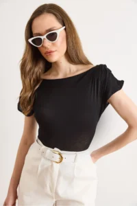 Olalook Women's Black Back Degaje Shoulder Drape Detailed Transparent Blouse - Image 4