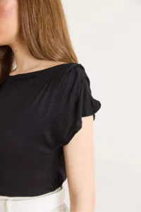 Olalook Women's Black Back Degaje Shoulder Drape Detailed Transparent Blouse - Image 5